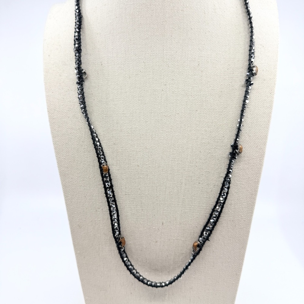 VTG Boho Hematite Beaded Black Leather Cord Wrap Skull Accented‎ Long Necklace